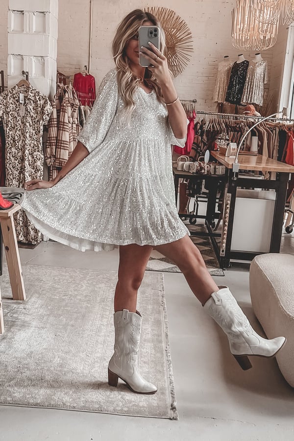 Sequined A-line midi dress, Shimmerflow style, women's elegant fashion, bright glitter for parties.