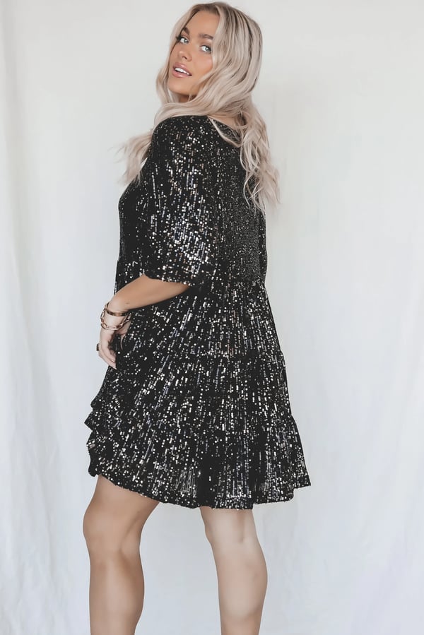 Sparkling Shimmerflow sequin A-line midi dress, women's fashion, elegant choice for parties and evenings.