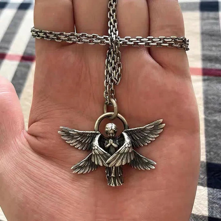 Silver angel wing pendant necklace, an elegant and symbolic gift for women.