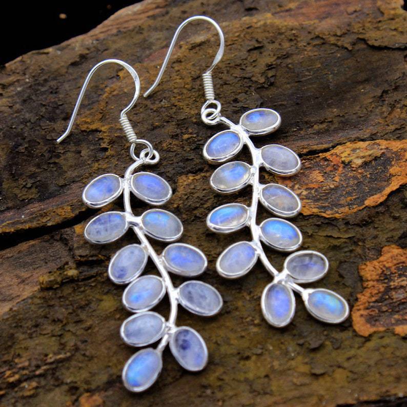 Stylish women's moonstone drop earrings, a beautiful silver gemstone jewelry piece for elegant fashion or a thoughtful gift.