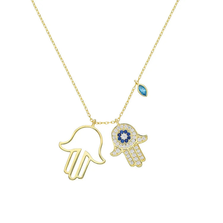Elegant women's silver Fatima Hand & Evil Eye necklace with blue accents. Protective symbolic spiritual jewelry.