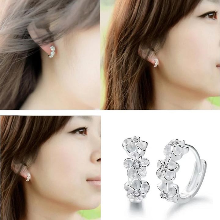 Pair of elegant silver floral earrings. Delicate sterling silver jewelry with push-back, charming women's gift.
