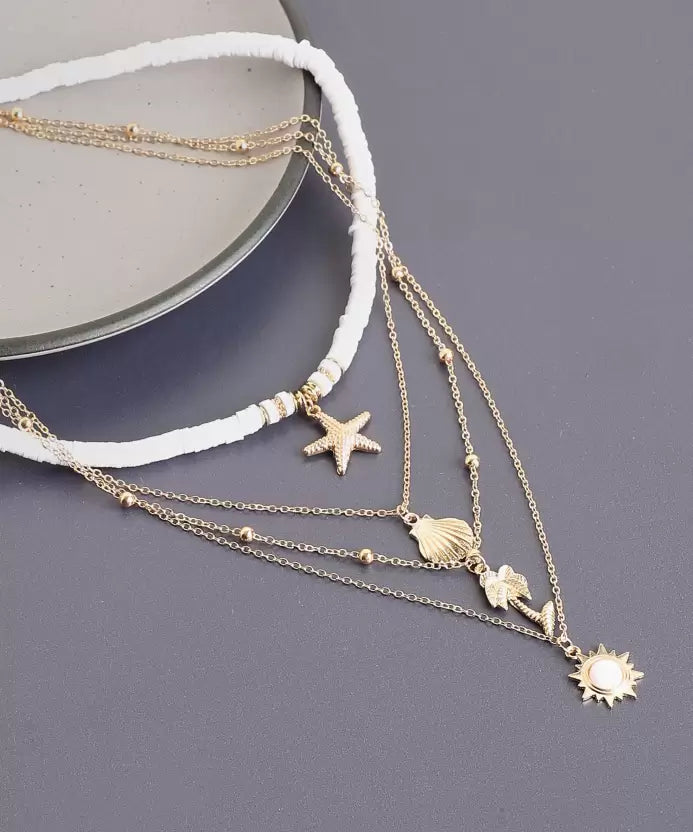 Elegant women's silver layered necklace with delicate starfish charms, perfect ocean-inspired jewelry.