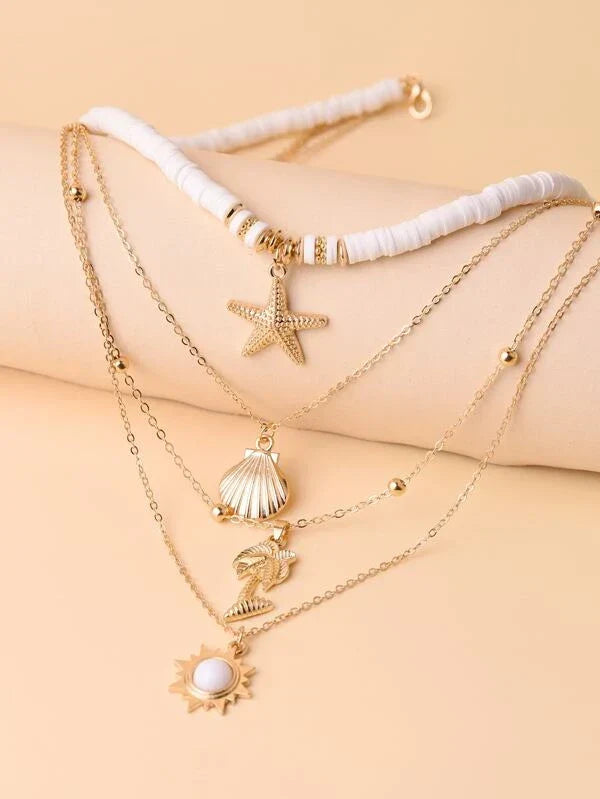 Women's silver layered necklace featuring elegant starfish, adjustable ocean-inspired delicate jewelry.