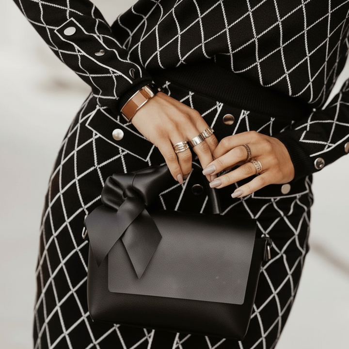 Versatile women's elegant outfit, a Gabriele skirt and jumper set in comfortable stretch fabric.