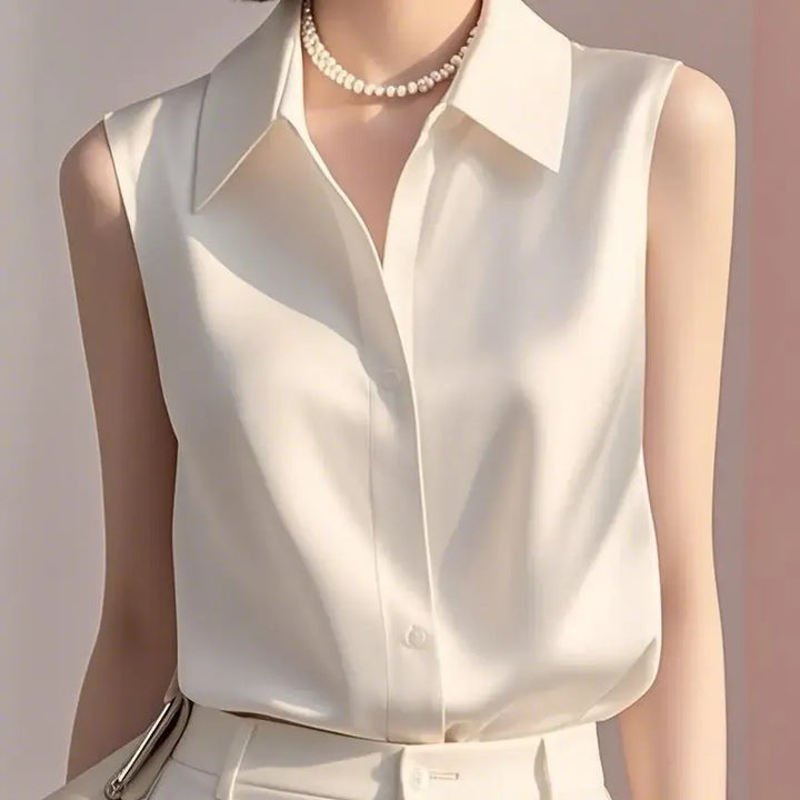 Polished women's sleeveless top with front buttons, ideal for refined office wear or an elevated casual ensemble.
