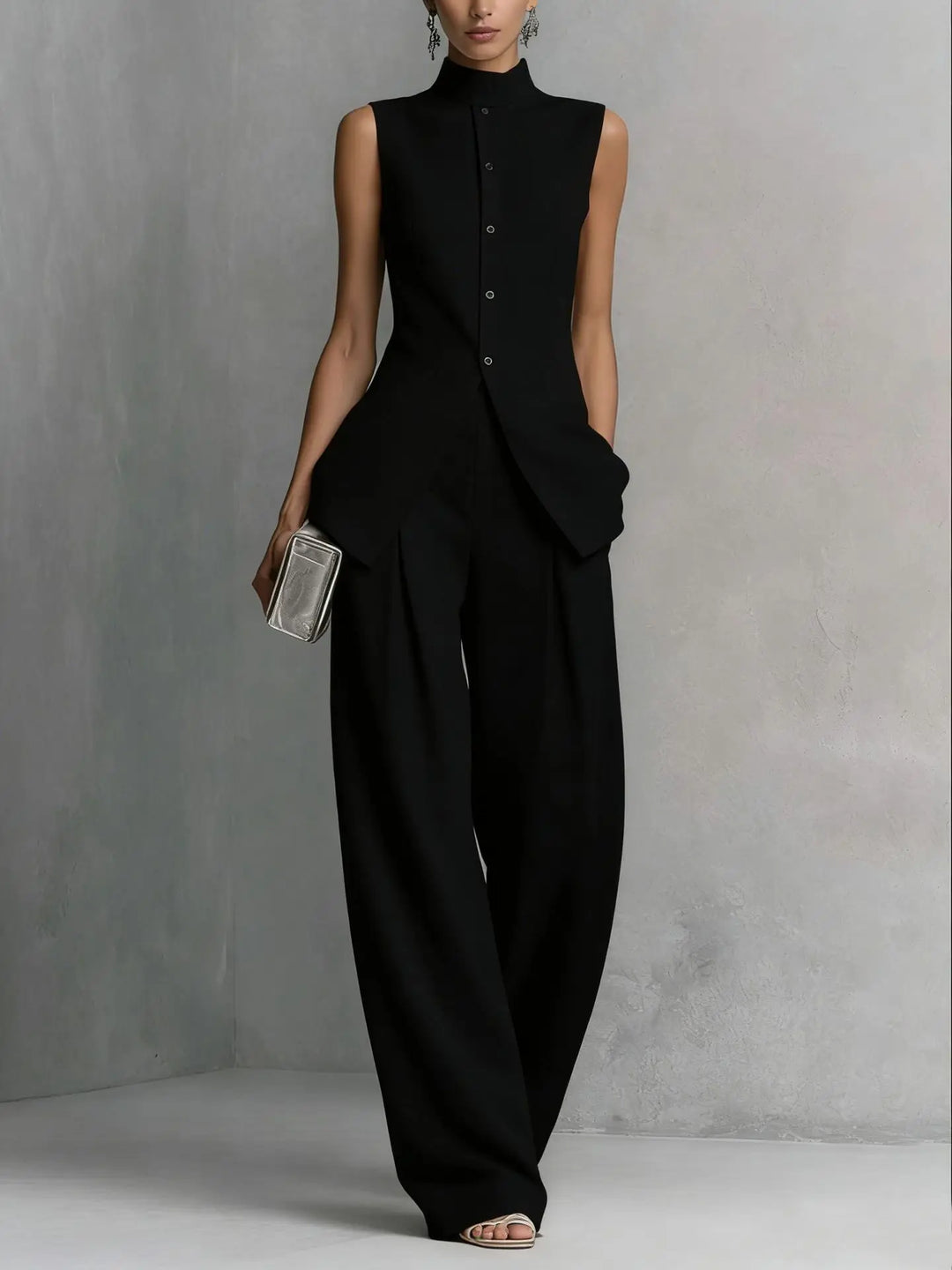 Elegant women's sleeveless high neck wide leg jumpsuit, perfect for formal events or modern business attire.