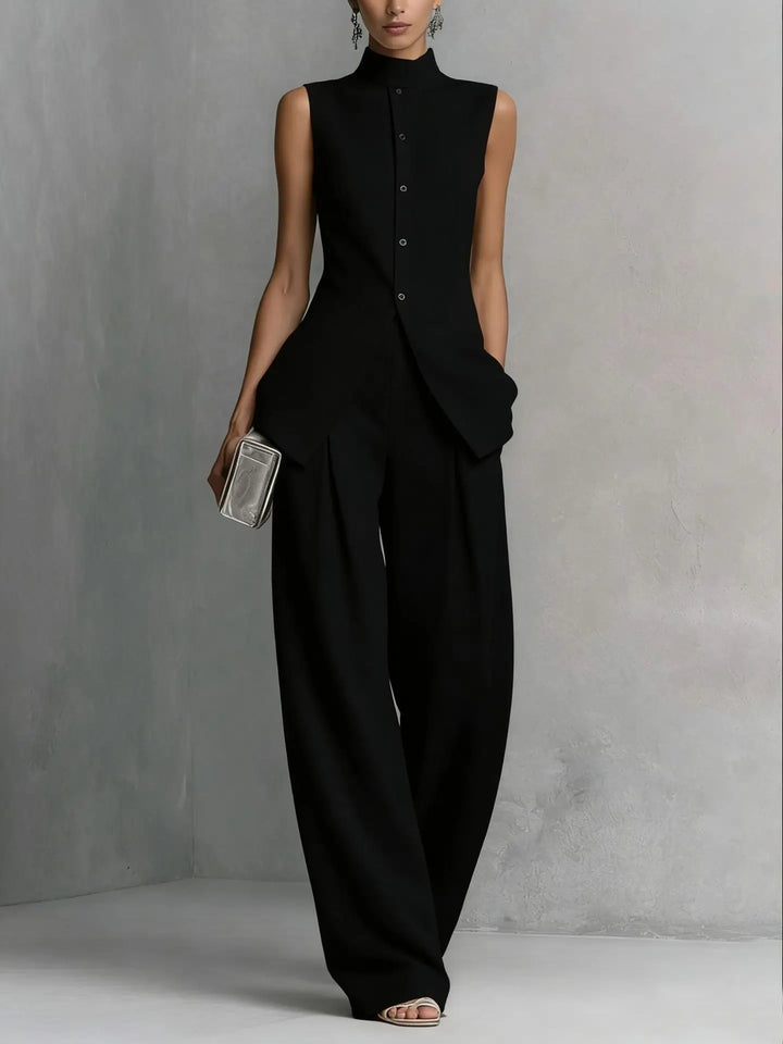 Elegant women's sleeveless high neck wide leg jumpsuit, perfect for formal events or modern business attire.