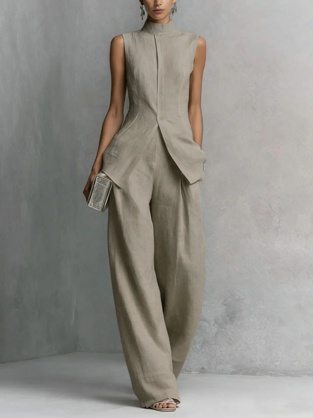 Chic women's sleeveless high neck wide leg jumpsuit for versatile day to night wear, a modern special occasion outfit.