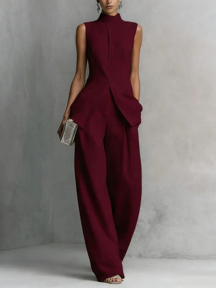 Stylish women's high neck wide leg jumpsuit; a chic sleeveless option for cocktail parties or elegant evening wear.