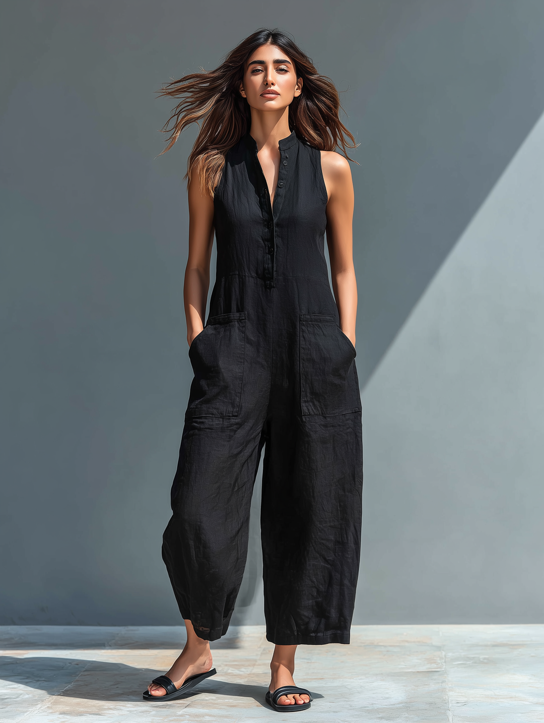 Casual chic sleeveless jumpsuit for women, a comfortable and elegant one-piece. Perfect for spring & summer fashion.