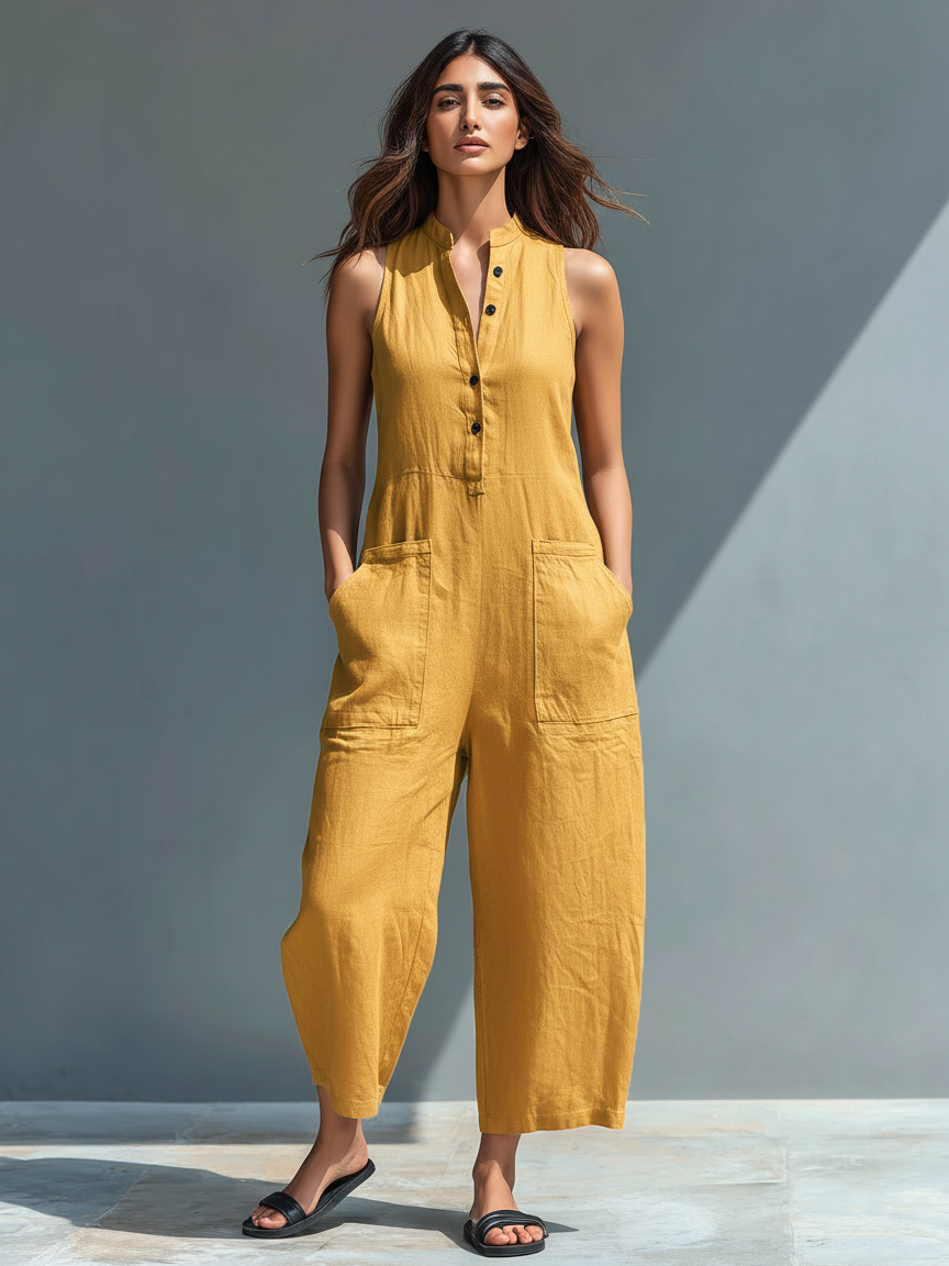 Modern women's sleeveless jumpsuit, offering sophisticated style and comfortable wear. A versatile spring/summer piece.