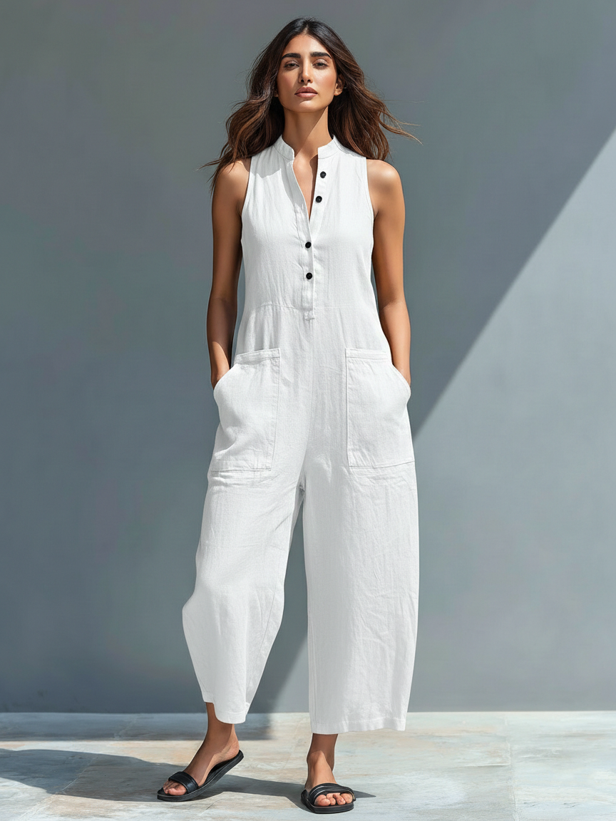 Elegant one-piece sleeveless jumpsuit for women, offering effortless style and a relaxed, comfortable fit for summer.