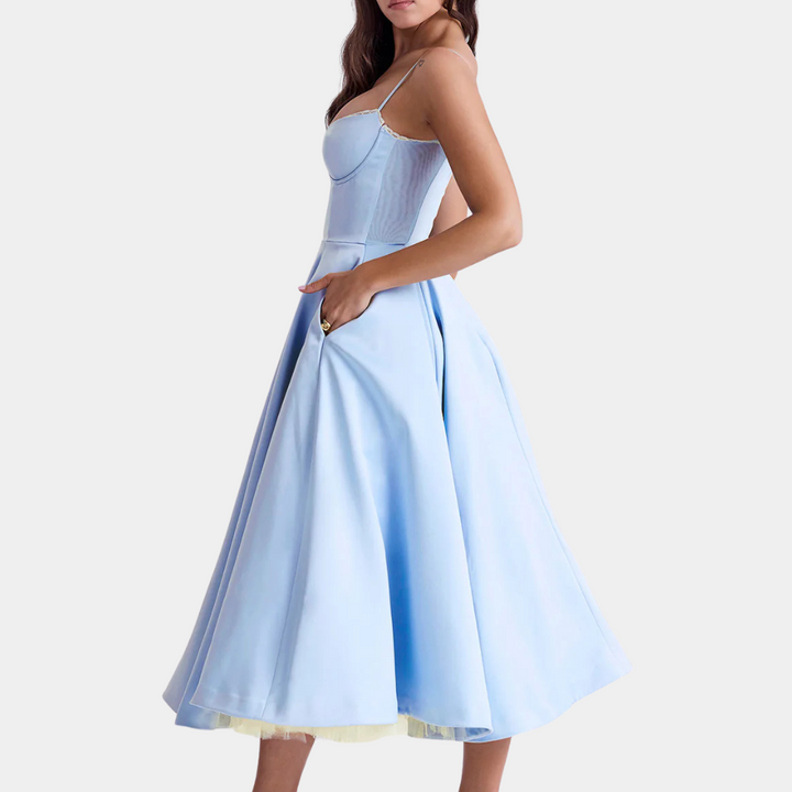 Elena midi dress: a fashionable, sleeveless women's dress for day or evening. Versatile & flattering for all seasons.