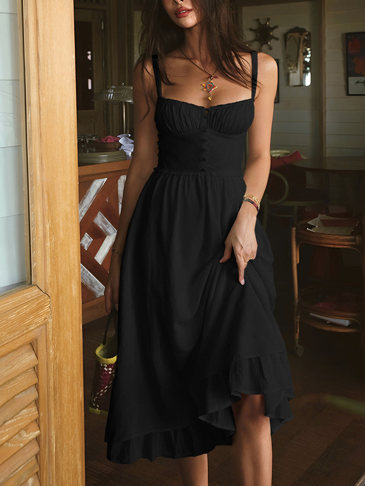 Lightweight sleeveless midi dress for women with an elegant ruffle hem. Ideal for spring and summer chic.