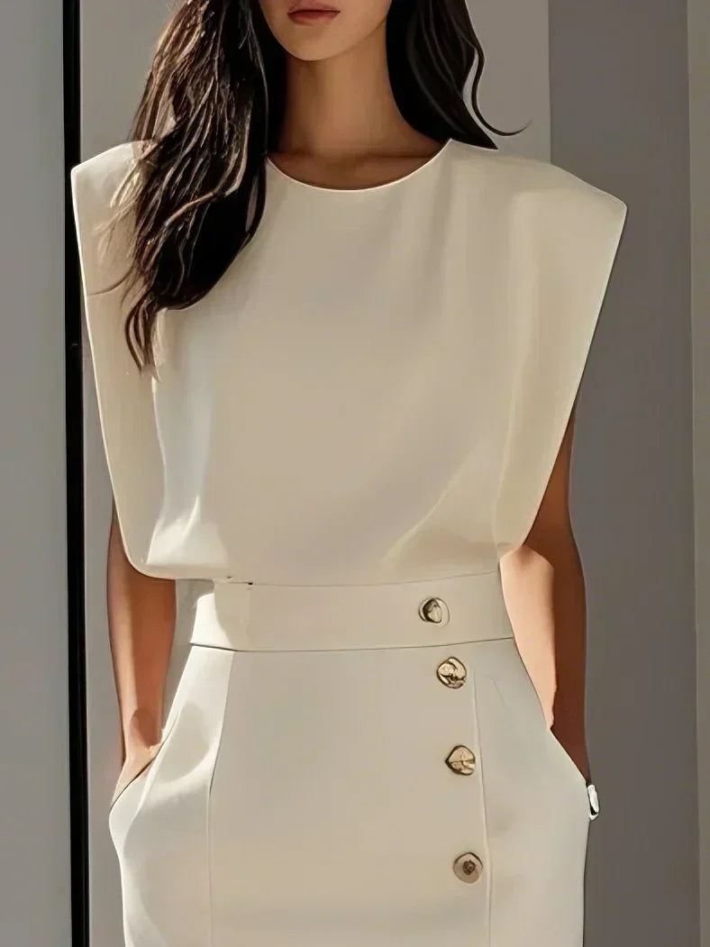 Chic sleeveless women's midi dress with an elegant side slit and gold button detailing for any event.