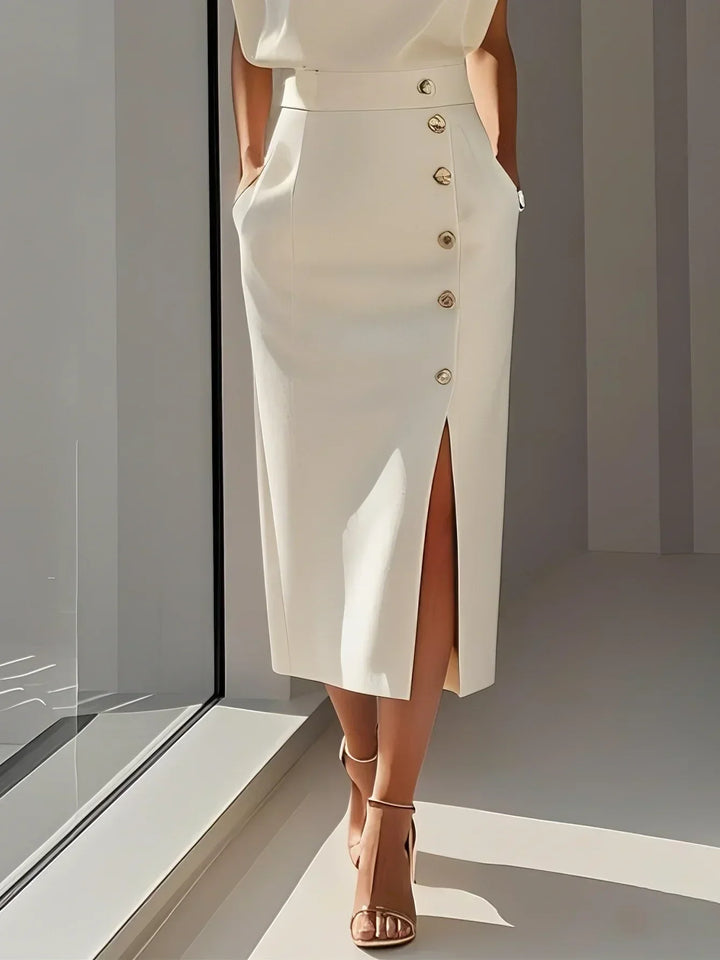 Women's elegant sleeveless midi dress, perfect for evenings, with a classy side slit & gold buttons.