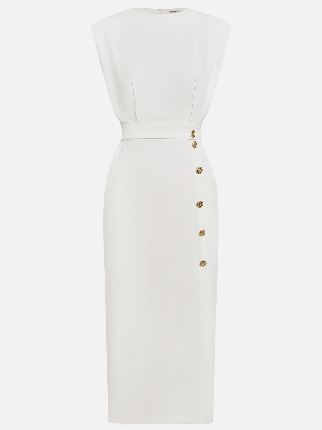 Stylish women's sleeveless midi dress with a sleek tailored fit, side slit & sophisticated gold buttons.