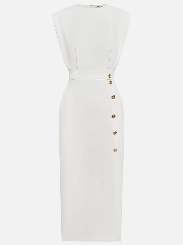 Stylish women's sleeveless midi dress with a sleek tailored fit, side slit & sophisticated gold buttons.