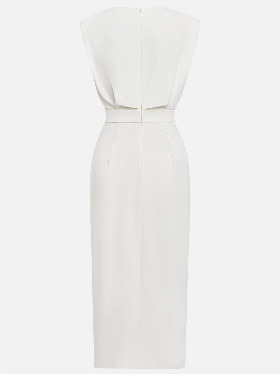 Versatile women's midi dress, sleeveless, elegant, with a chic side slit & eye-catching gold buttons.