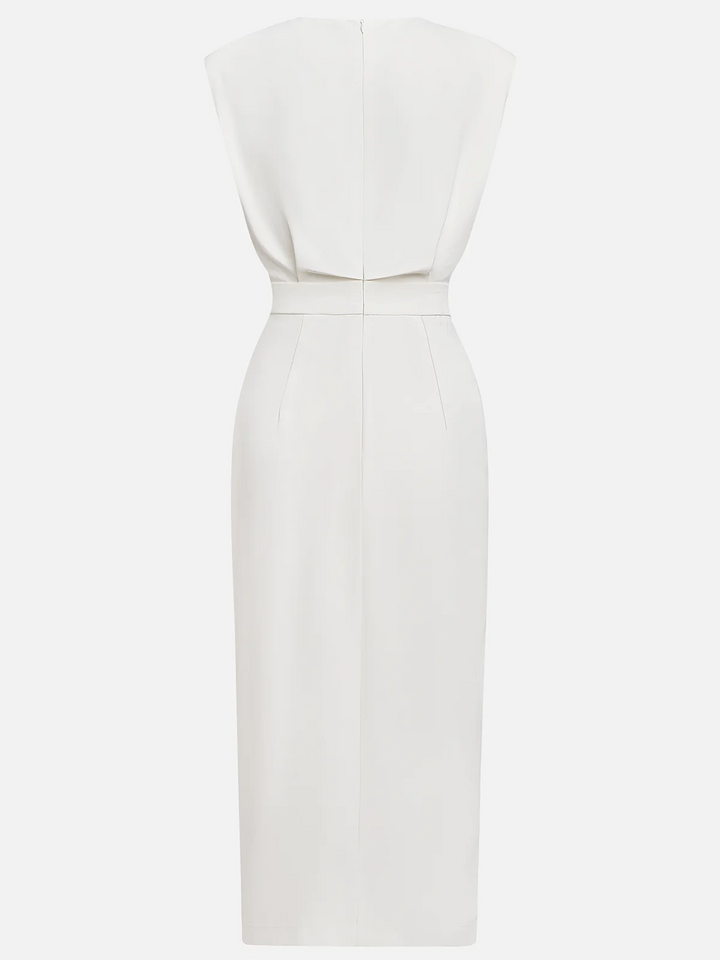 Versatile women's midi dress, sleeveless, elegant, with a chic side slit & eye-catching gold buttons.