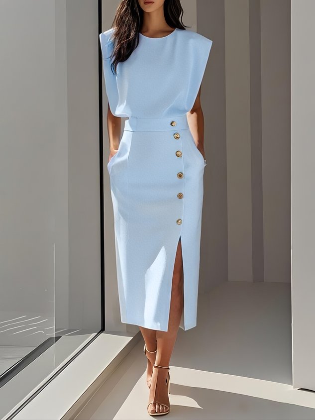 Versatile sleeveless midi dress for women, elegant design with a high slit & chic gold button details.