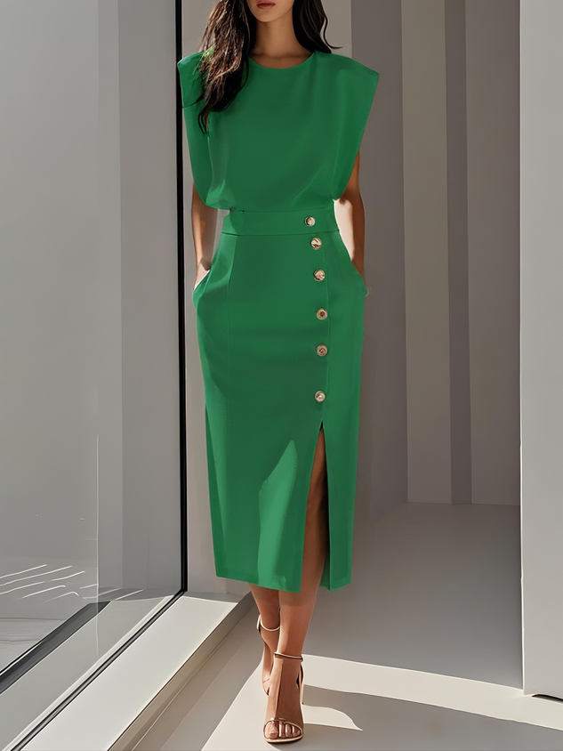 Women's sophisticated sleeveless midi dress, tailored fit, with a classy side slit & gold buttons.