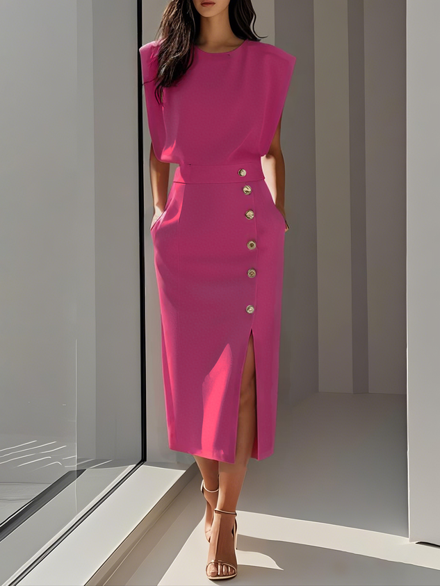 Evening wear women's sleeveless midi dress, elegant, featuring a sophisticated side slit & gold buttons.