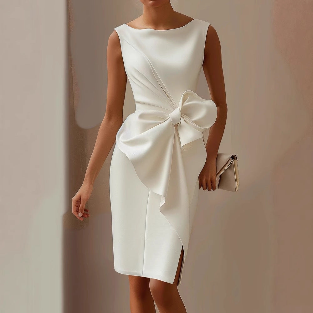 Fitted sleeveless mini dress with elegant waist tie, ideal for evening wear & summer parties.