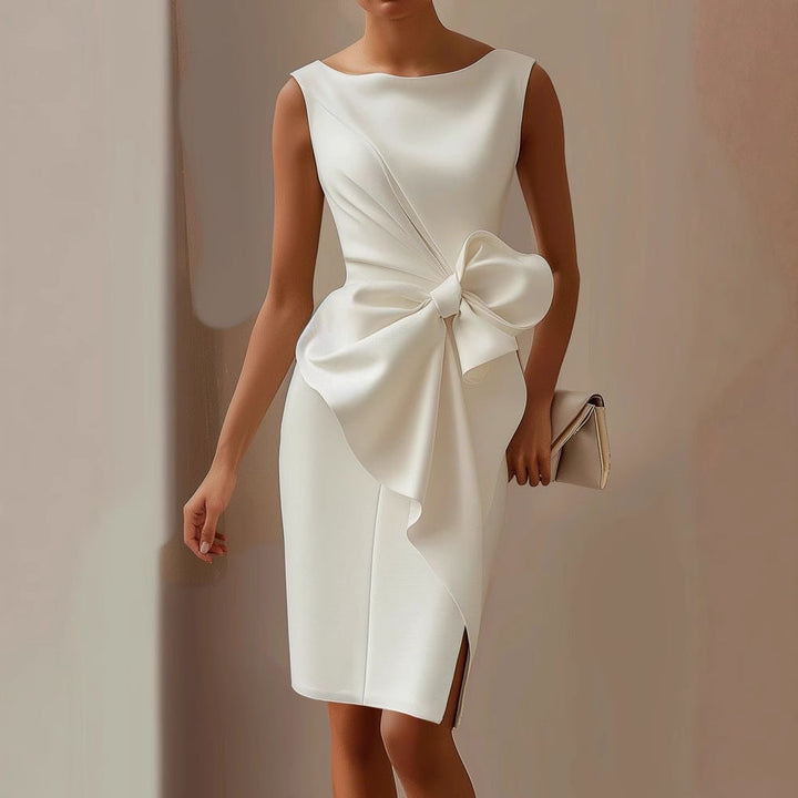Fitted sleeveless mini dress with elegant waist tie, ideal for evening wear & summer parties.