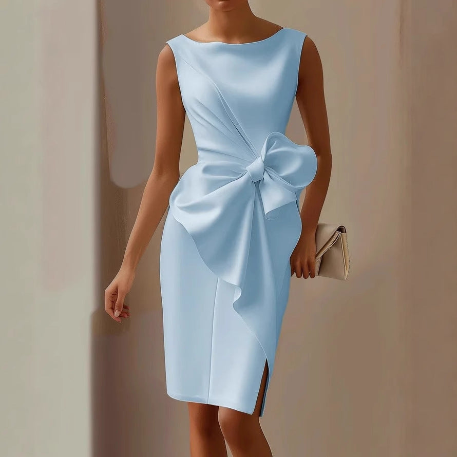 Chic boat neck sleeveless mini dress for women, featuring a flattering waist tie, great for parties.