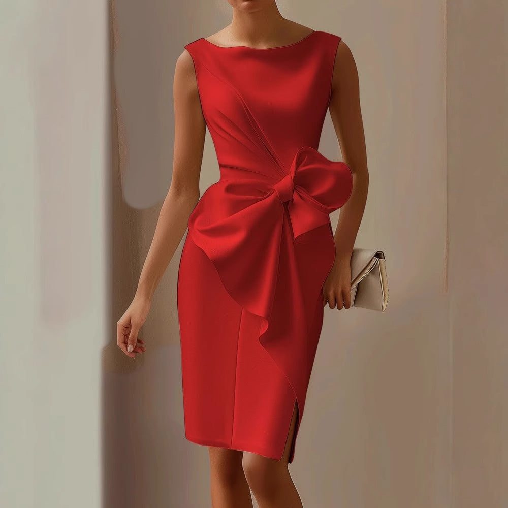 Stylish women's sleeveless mini dress with elegant waist tie, comfortable for summer and evening events.