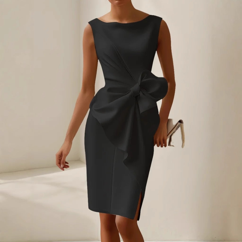 Sophisticated sleeveless mini dress with elegant waist tie, boat neck, a perfect fitted party or cocktail dress.