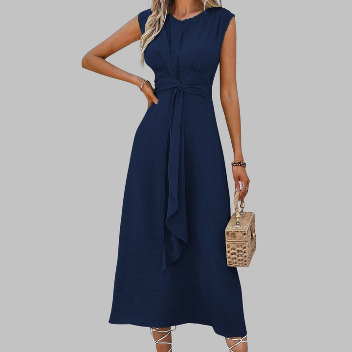 Modern women's sleeveless round neck maxi dress, an elegant long dress for any occasion.