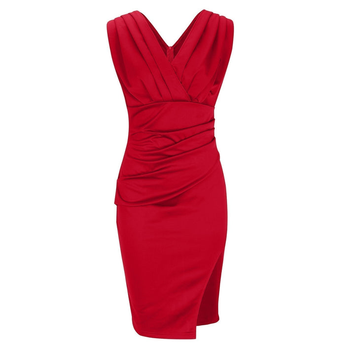 Modern chic women's sleeveless V-neck bodycon midi dress, an elegant choice for evening and special events.