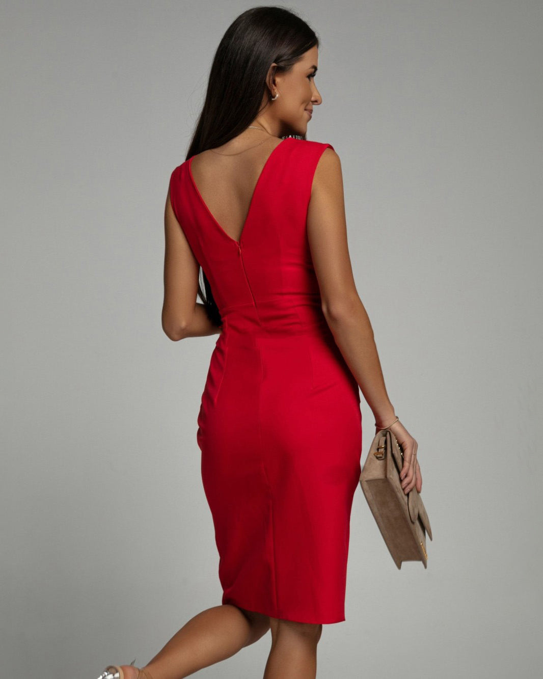 Figure-flattering women's bodycon V-neck midi dress, ideal for a chic date night or party.