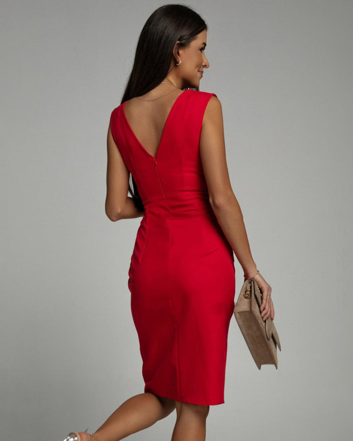 Figure-flattering women's bodycon V-neck midi dress, ideal for a chic date night or party.