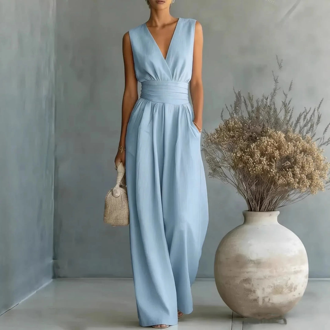 Elegant women's sleeveless V-neck wide-leg jumpsuit. Perfect for summer fashion & formal wear.