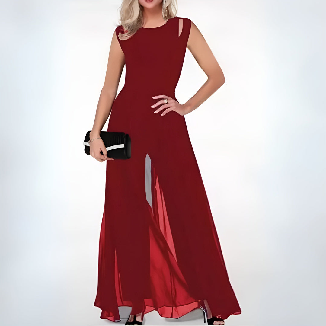 Comfortable women's sleeveless wide-leg jumpsuit, a modern sophisticated apparel choice. Elegant occasion wear.