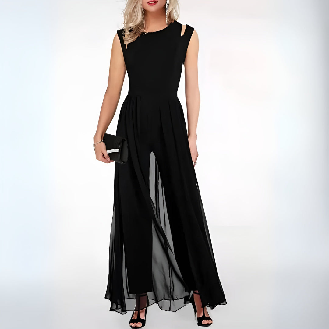 Sophisticated women's sleeveless wide-leg jumpsuit. Elegant fashion for chic occasions and versatile styling.