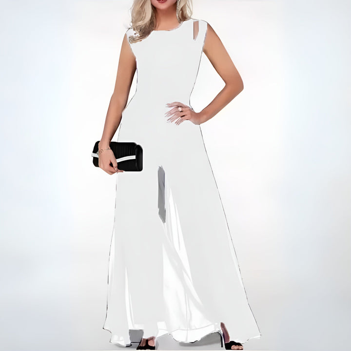Women's elegant sleeveless wide-leg jumpsuit, a sophisticated and chic apparel choice for versatile occasion wear.