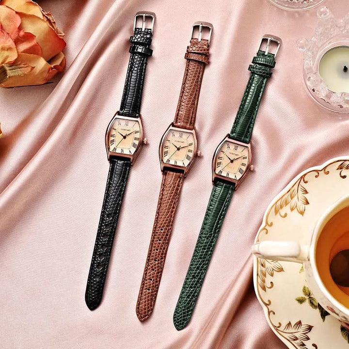 Side view of an elegant women's slim wristwatch, highlighting its sleek profile and classic Roman numeral dial.