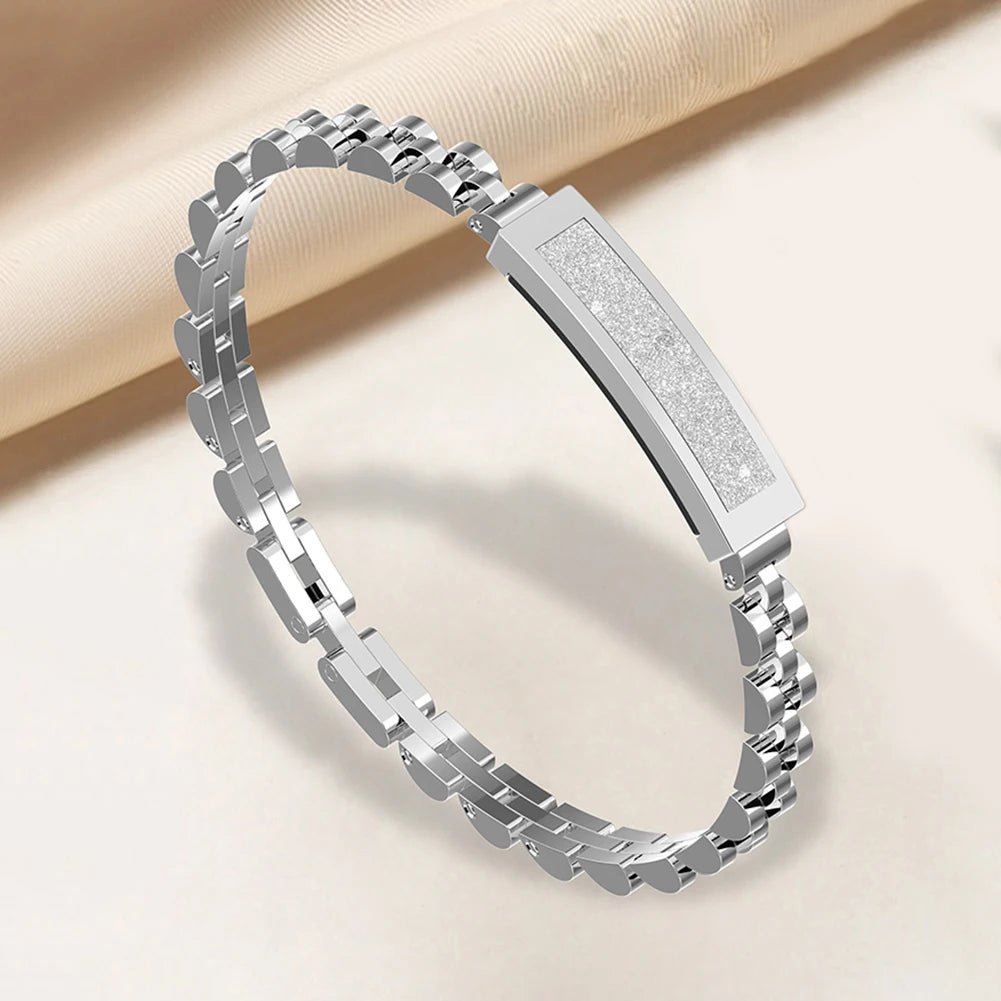 Stylish women's wearable tech: an elegant smart wristband with comprehensive fitness and health tracking features.