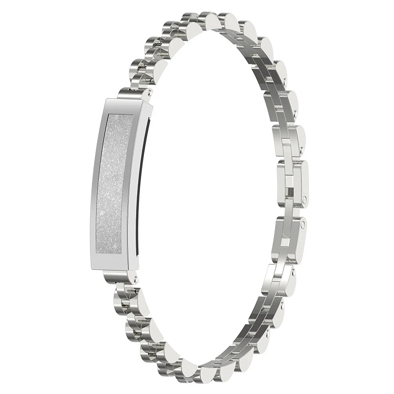 Women's elegant smart bracelet: activity monitor, multi-sport tracker, call notifications & health data display.