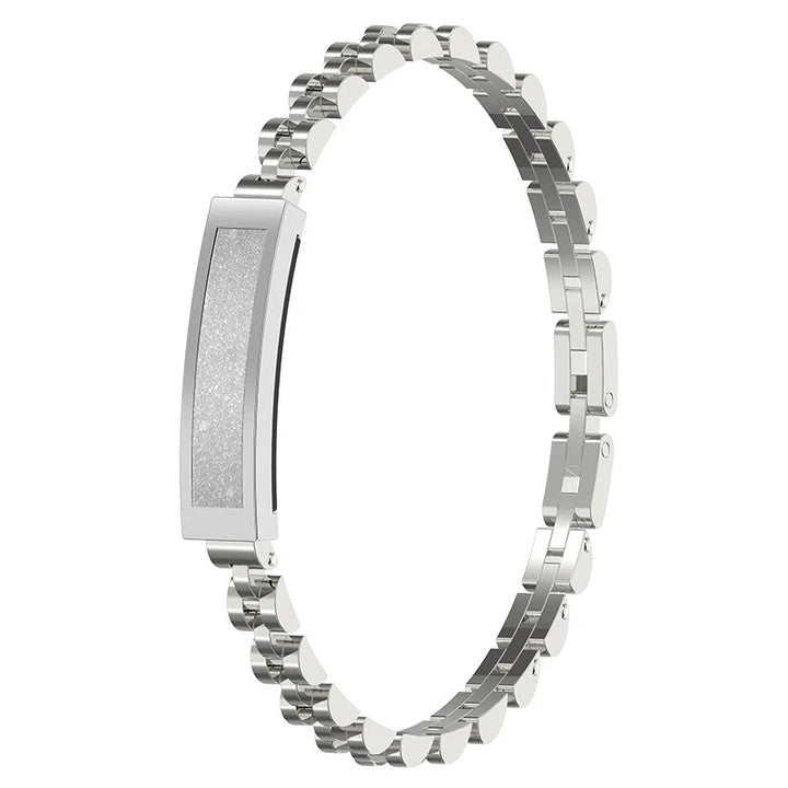 Women's elegant smart bracelet: activity monitor, multi-sport tracker, call notifications & health data display.