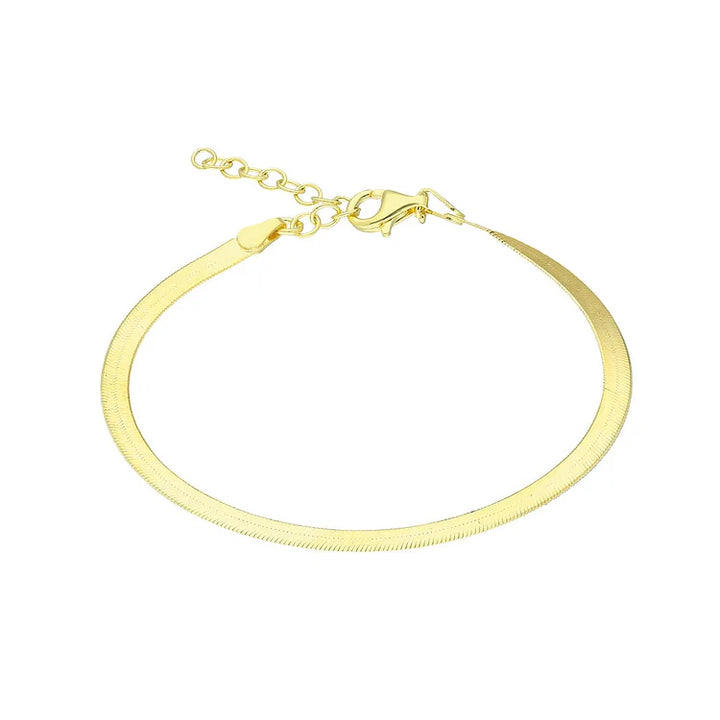 Delicate gold or silver snake chain anklet, an elegant women's jewelry piece for a stylish foot accessory.