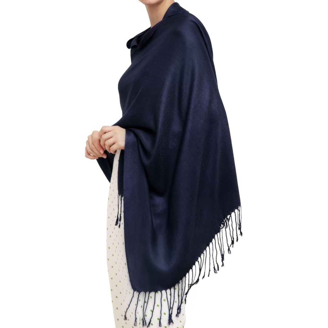 Trendy women's wrap pashmina scarf with a soft cashmere-like texture, suitable for elegant outfits.