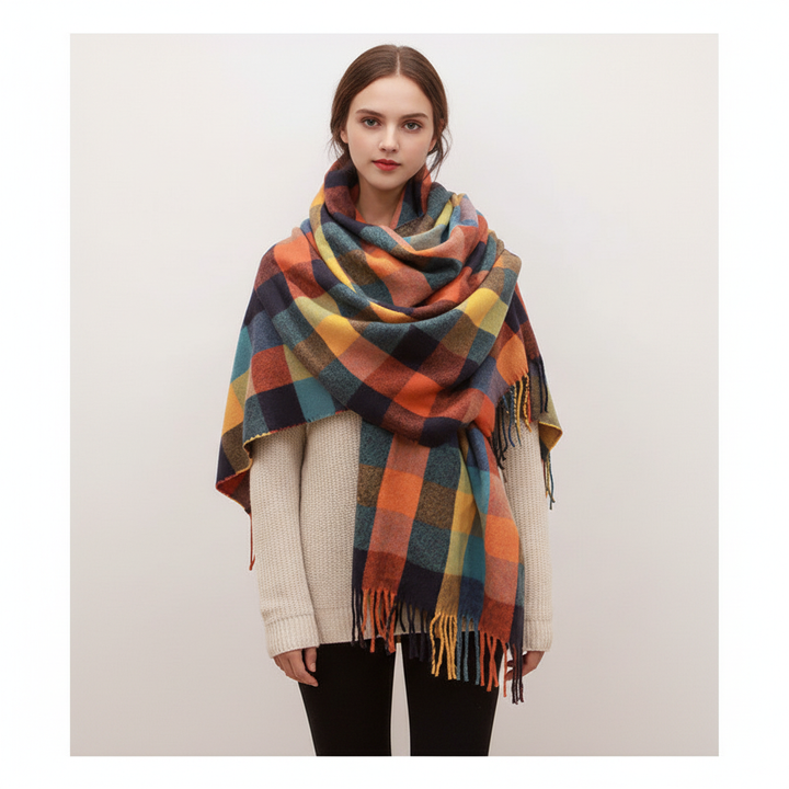 Warm and elegant women's cashmere scarf with a subtle diamond pattern, a versatile fashion accessory