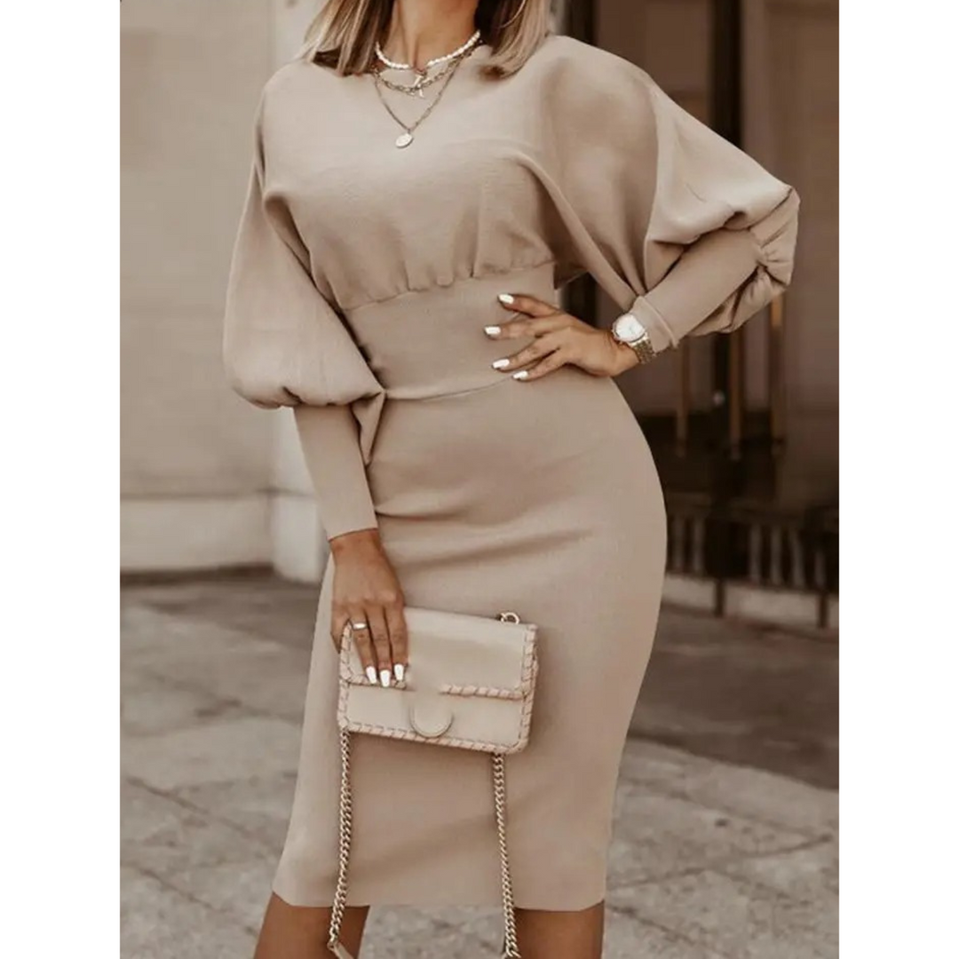 Fashionable women's solid cocktail dress with elegant lantern sleeves, perfect for any special occasion.