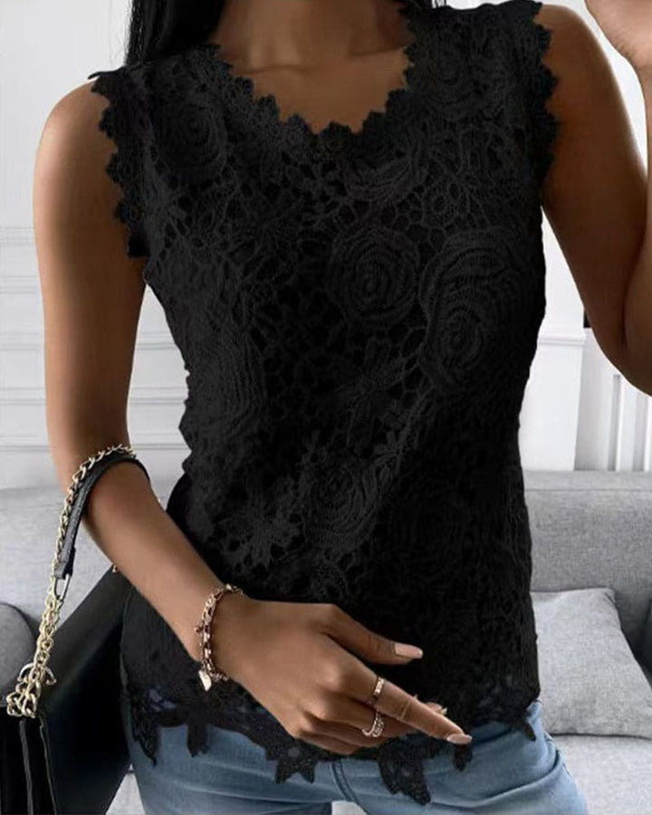 Versatile women's sleeveless lace top in solid color, ideal for summer, work, or elegant ladies fashion.